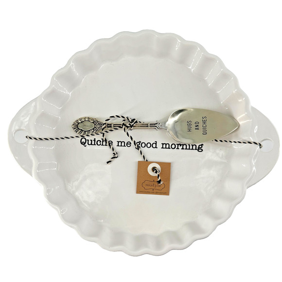 Mud Pie Quiche Set Baking Dish & Silver Server "Quiche Me Good Morning" Hugs... - Picture 1 of 8